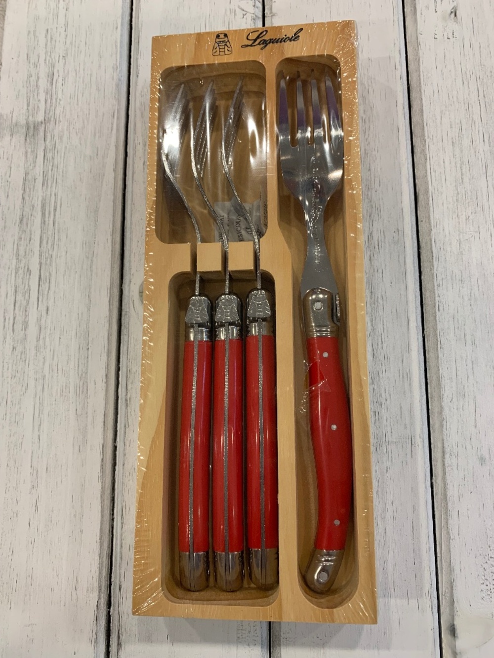 NWT Laguiole Set of 4 Red Stainless Steel Dinner Forks Wooden Box French Gift